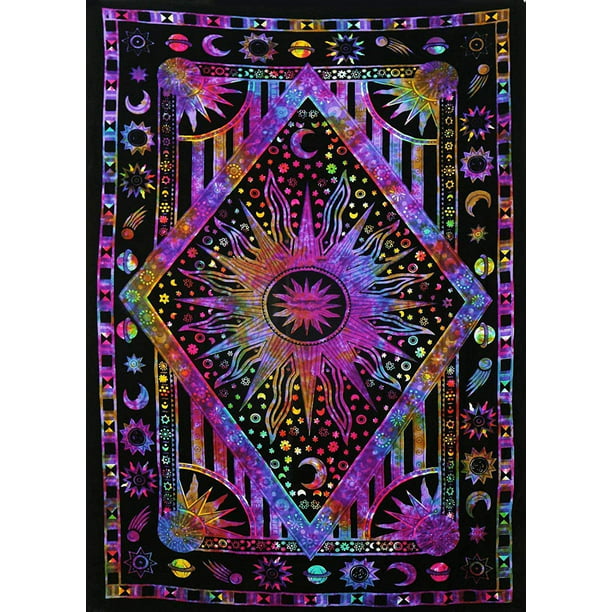 Bless International Psychedelic Celestial Sun Moon Tapestry Planet Bohemian Tapestry Wall Hanging Dorm Decor Boho Tapestry Hippie Hippy Tapestry Orange Multi, 51 X 60 inches